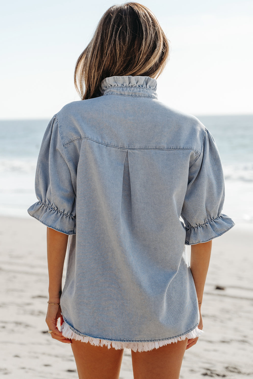 Blue Ruffle Short Puff Sleeve Summer Chambray Shirt