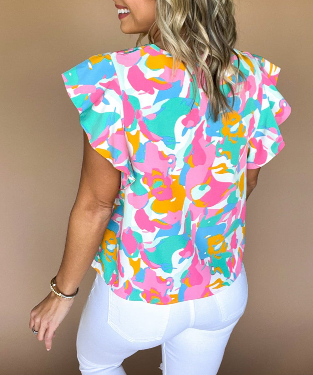 Multicolour Abstract Print Notched Neck Flutter Sleeve Blouse