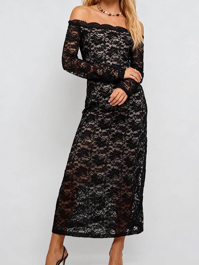 Scalloped Trim Off Shoulder Lace Bodycon Maxi Dress