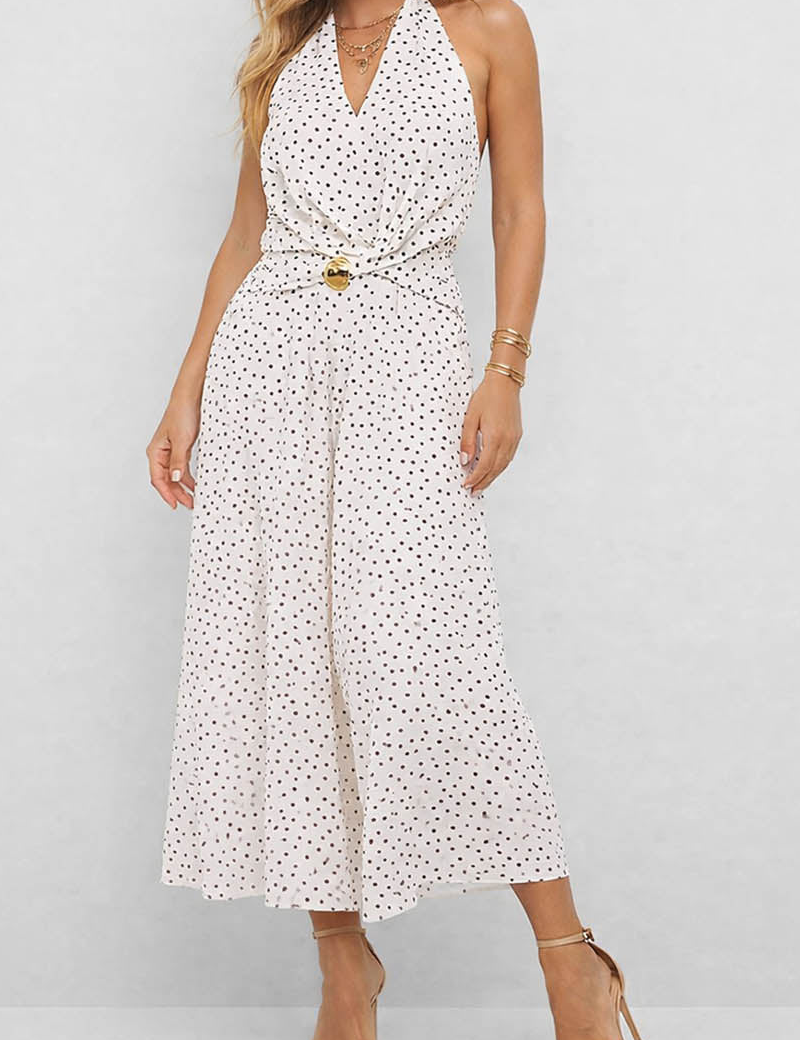 Polka Dot Halter Neck Metal Buckle Wide Leg Jumpsuit