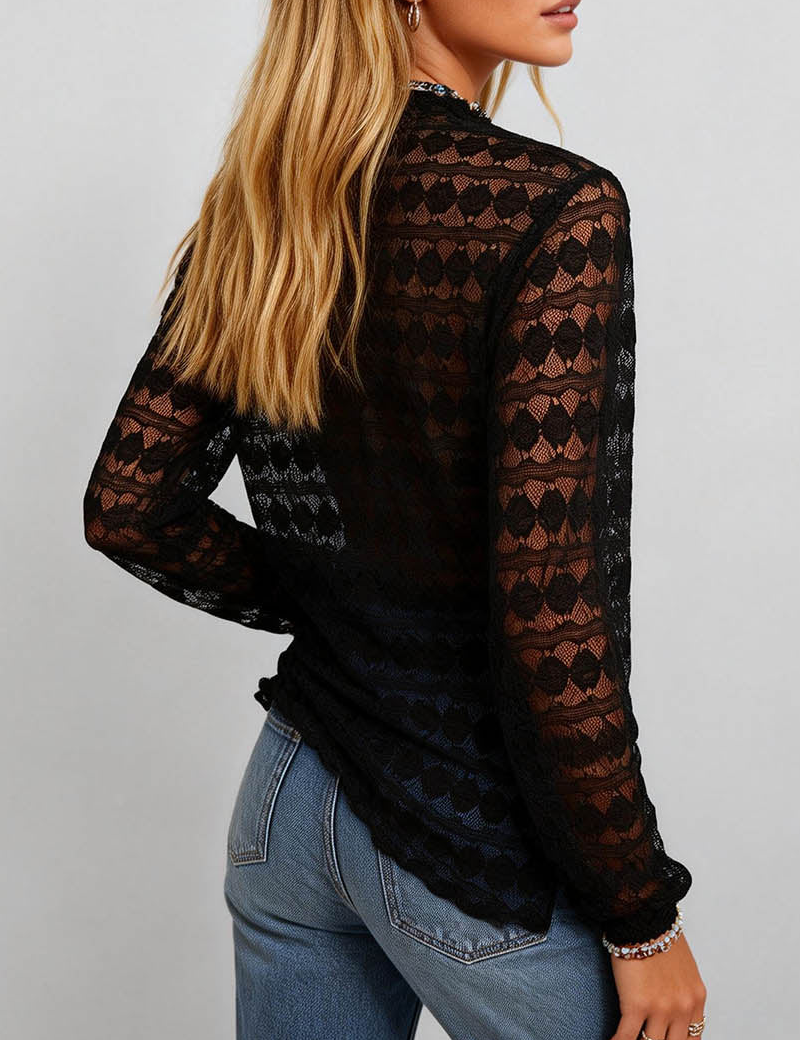 Mock Neck Sheer Heart Lace Layering Top