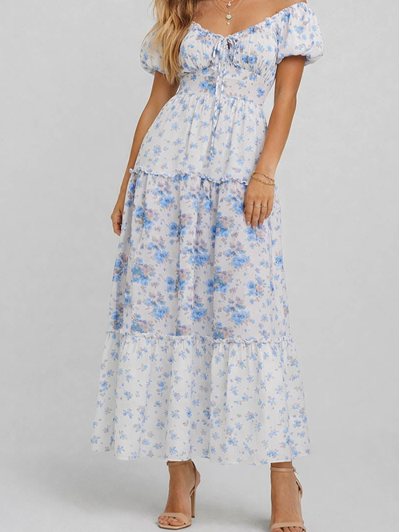 Neck Puff Sleeves Boho Maxi Dress