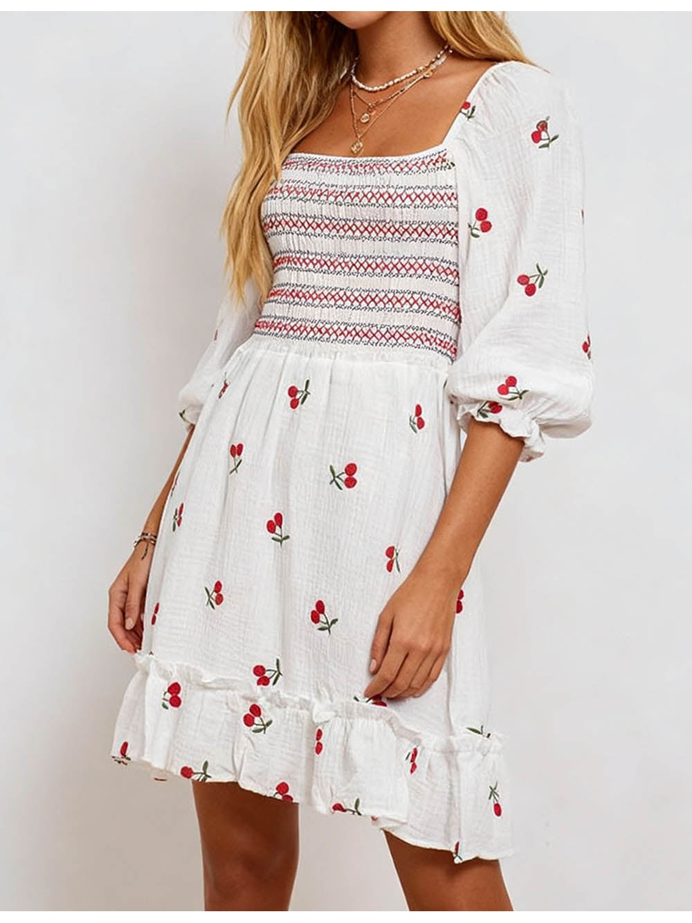 Cherry Embroidery Square Neck Puff Sleeves Mini Dress