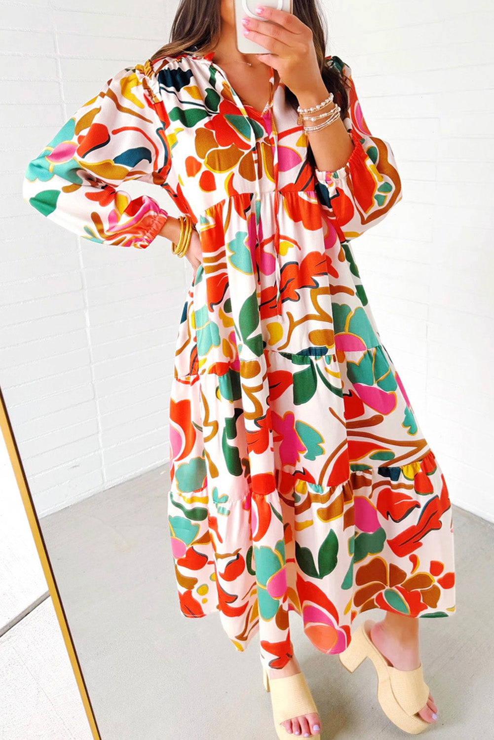 Floral Print Split V Neck Tiered Maxi Dress