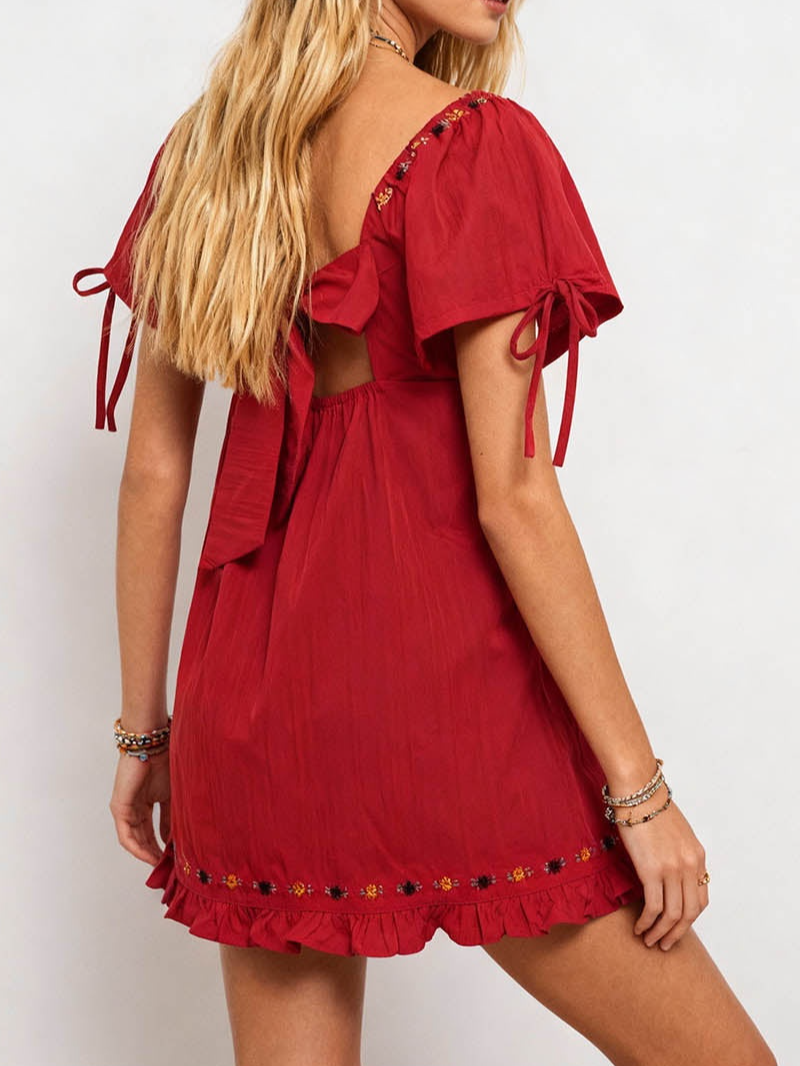 Embroidery Square Neck Bow Mini Dress