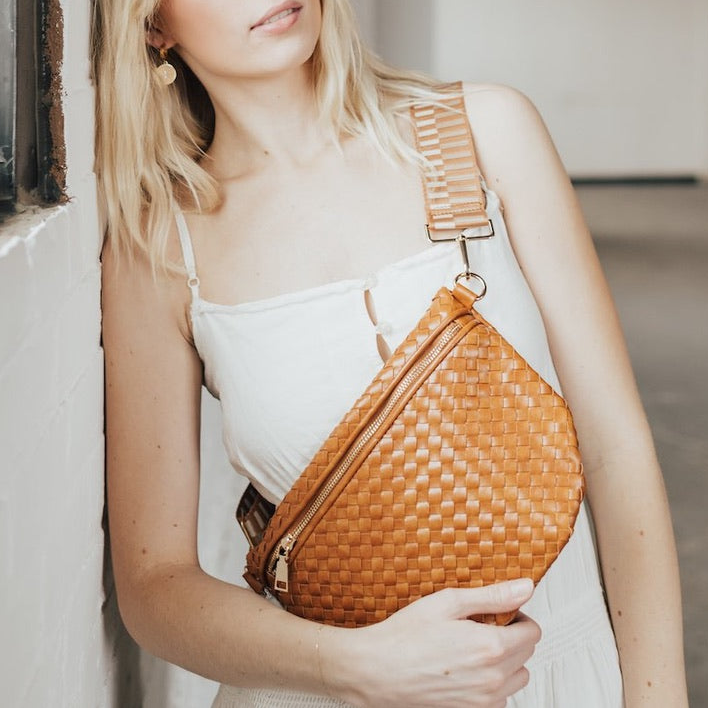 Woven Faux Leather Zip Crossbody Bag