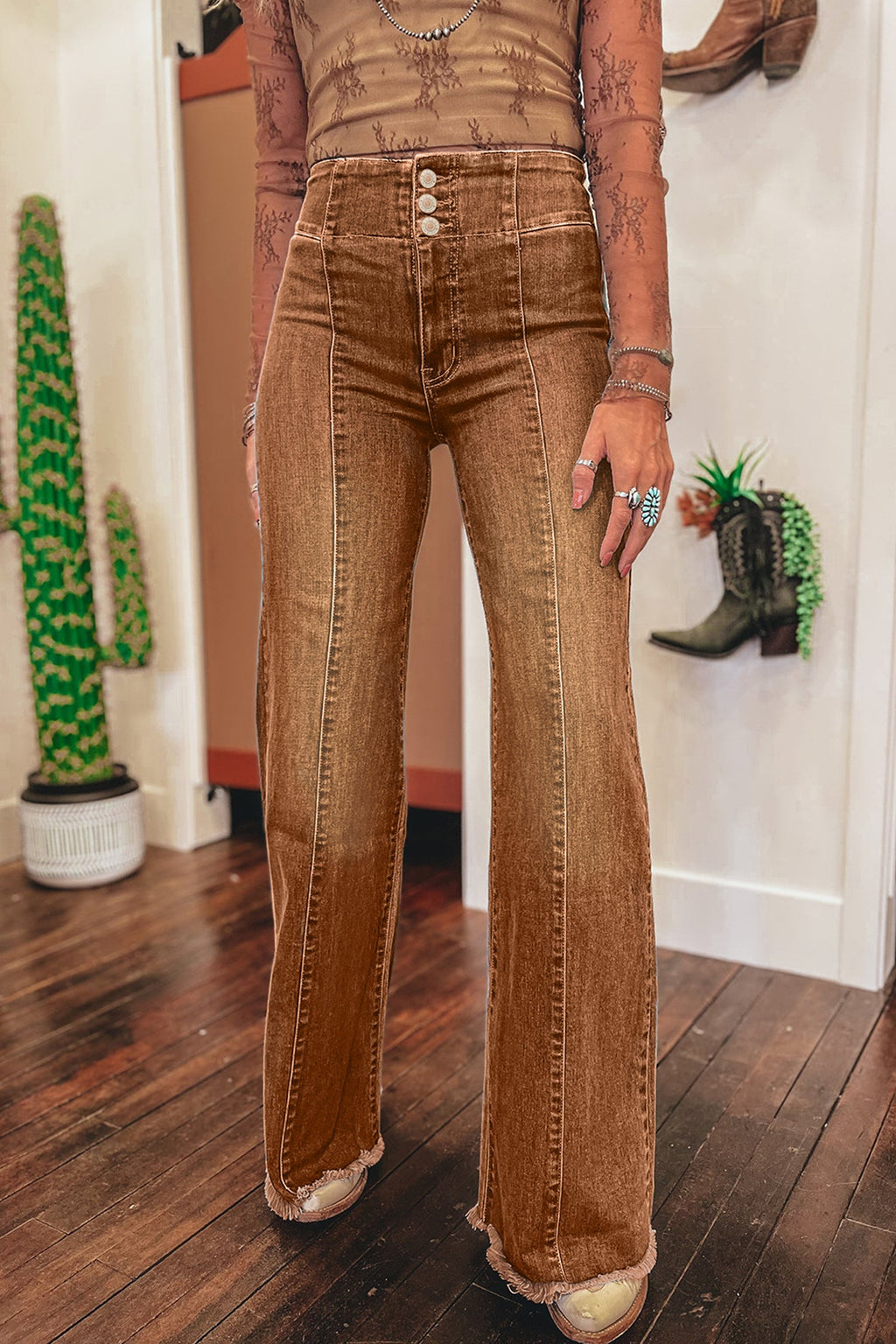 Everyday Flare High Waist Raw Hem Button Jeans