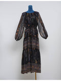 Boho Chiffon Waist Long Sleeves Midi Dress