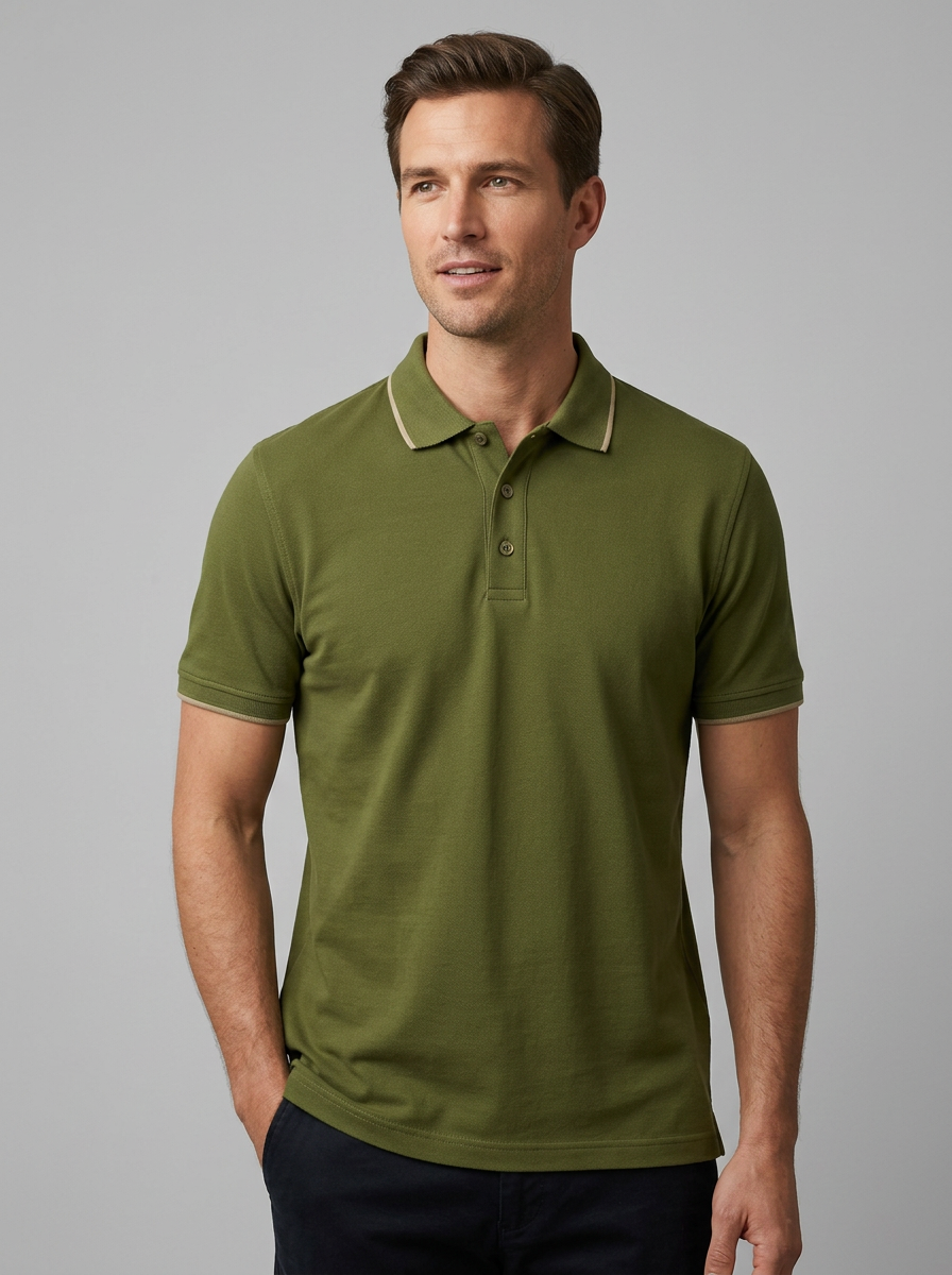 Men's Olive Green Contrast Trim Casual Polo Shirt