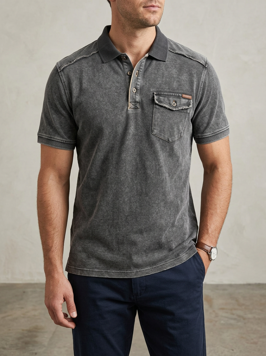 Men's Vintage Washed Charcoal Pocket Polo Shirt