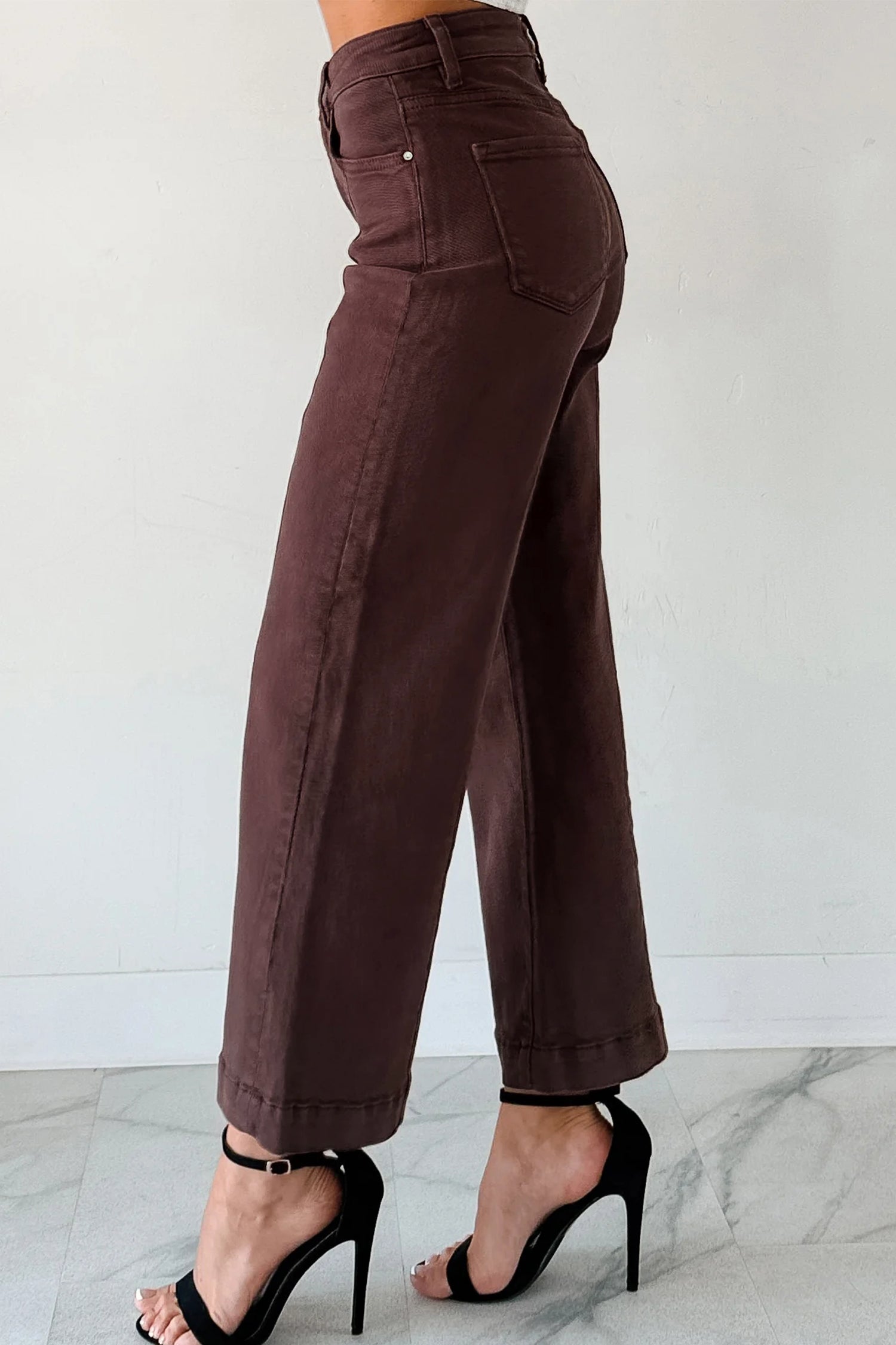 Wide Leg Cropped Sandalwood Solid Seamed Jeans
