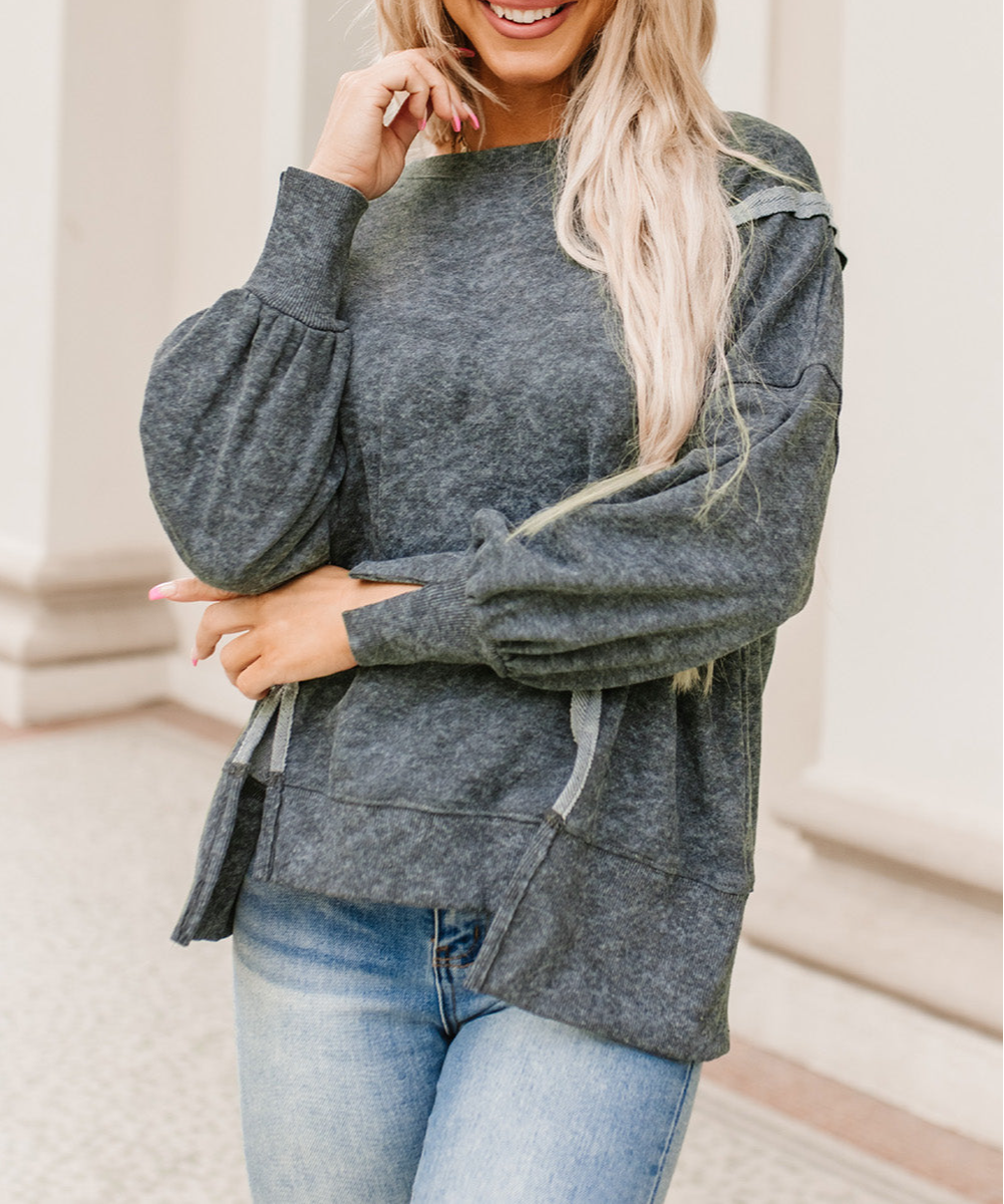 Acid Wash Relaxed Fit Seamed Slits Sweatshirt