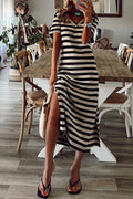 Stripe Print V Neck Maxi Dress With Side Splits