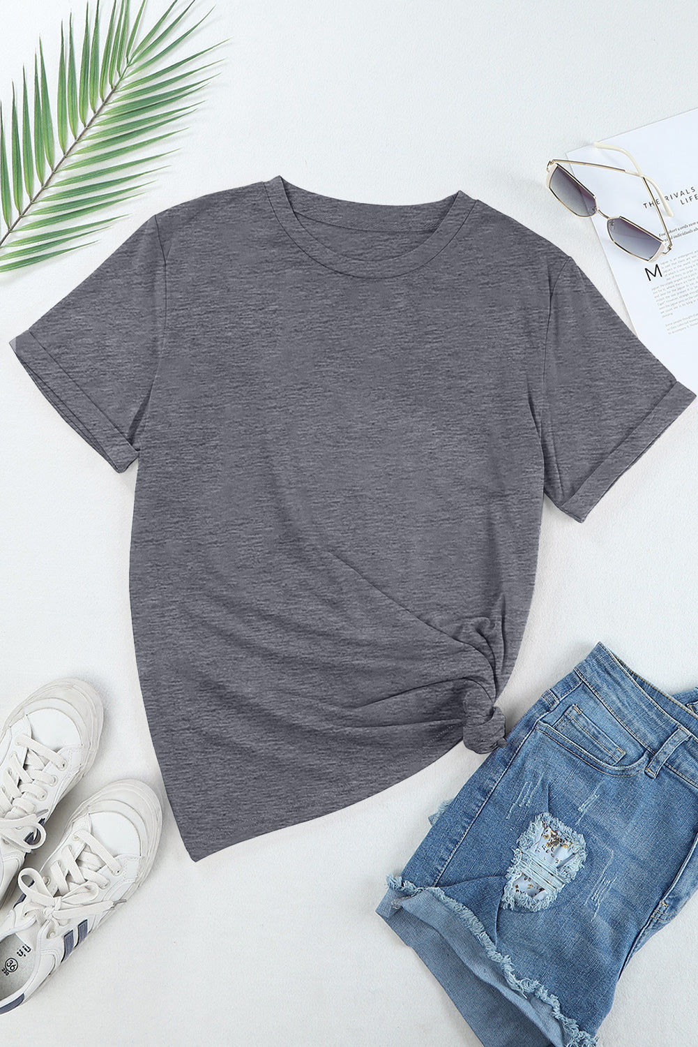 Gray Casual Plain Crew Neck