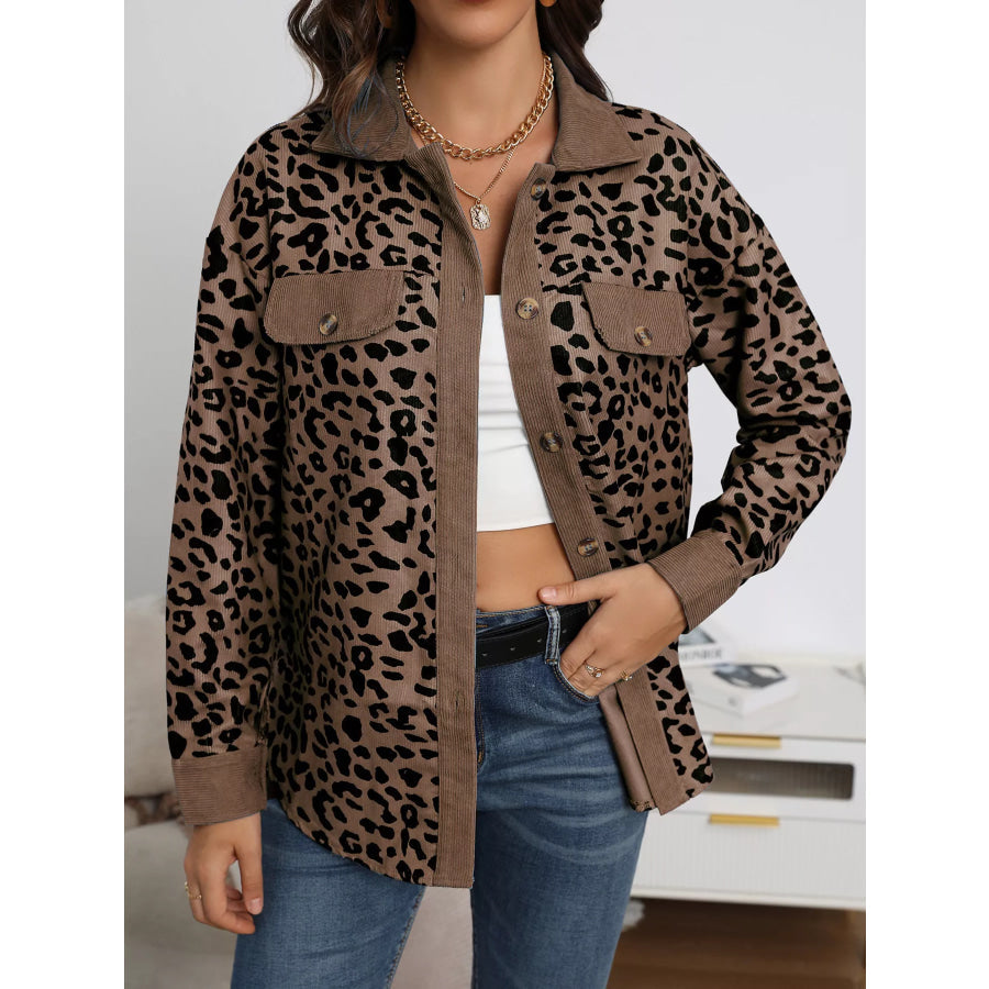 Full Size Leopard Print Button Down Jacket Plus Size