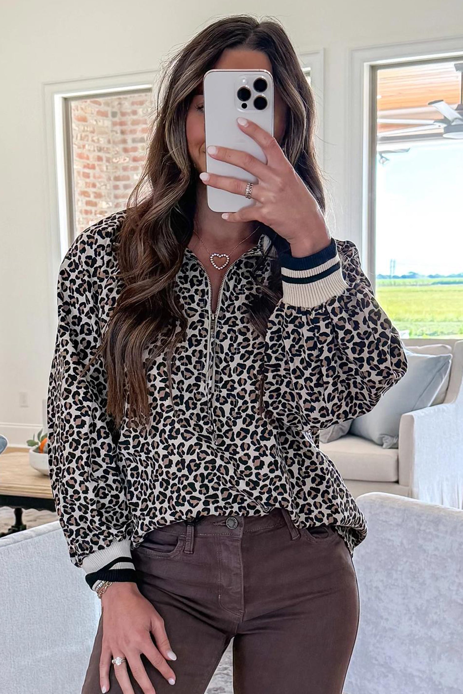 Khaki Leopard Print Half Zip Up Blouse