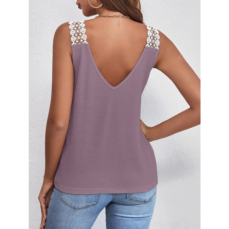 Lace Detail Waffle Knit V Neck Tank