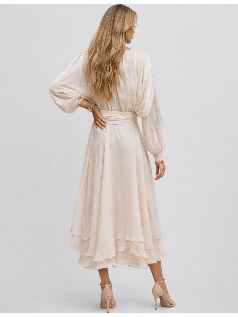 Chic Ruched Round Neck Waist Long Sleeves Maxi Dress