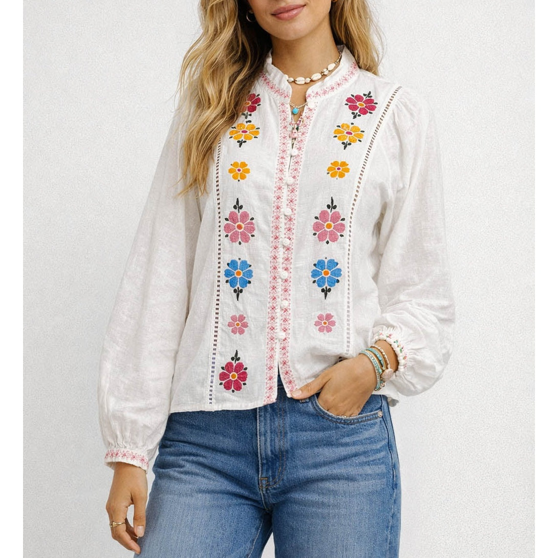 Boho Embroidery Ruffle Stand Neck Button Blouse