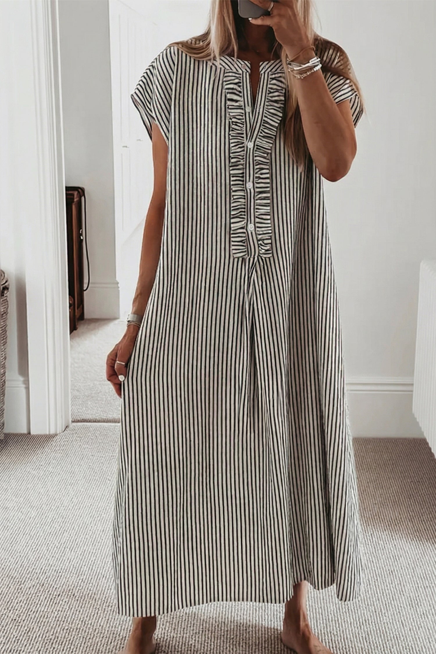 Maxi Stripe Frilled Detail Half Buttons Short Sleeve Long Lightweight