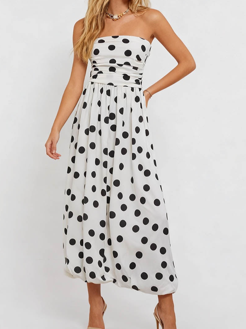 Strapless Polka Dot Smocked Sleeveless Maxi Dress