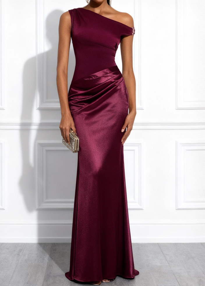 One Shoulder Satin Pleated Maxi Dress