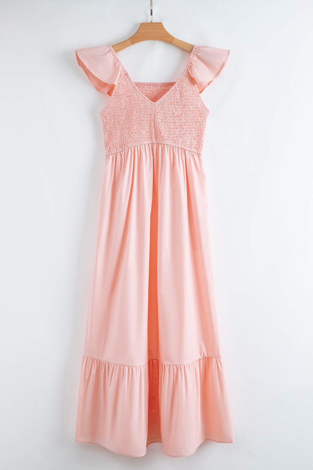 V Neck Flutter Sleeve Smocked Bodice High Waist Ruffle