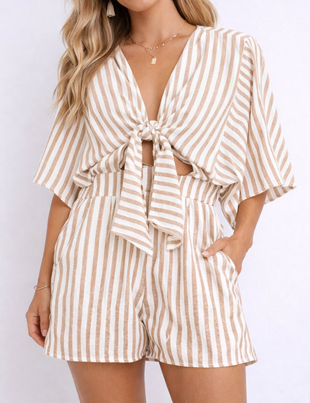 Chic V Neck Knot Kimono Sleeves Romper