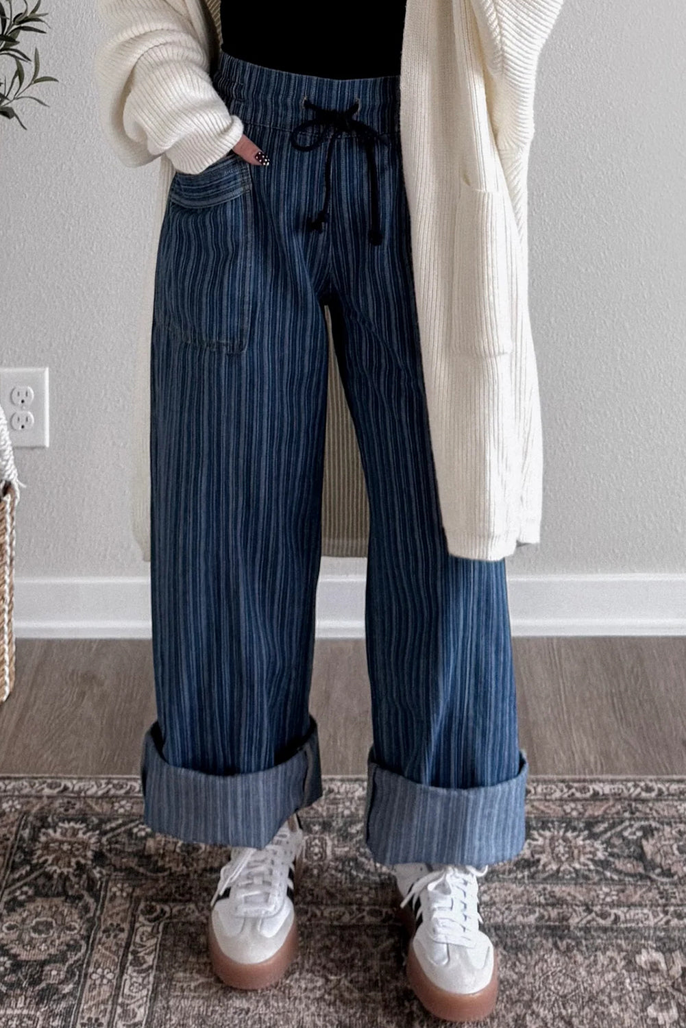 Loose Drawstring Pocketed Stripe Contrasted Jeans