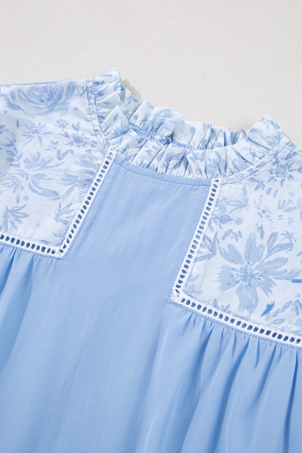 Blue Lace Insert Floral Puff Sleeve Patchwork Loose Blouse