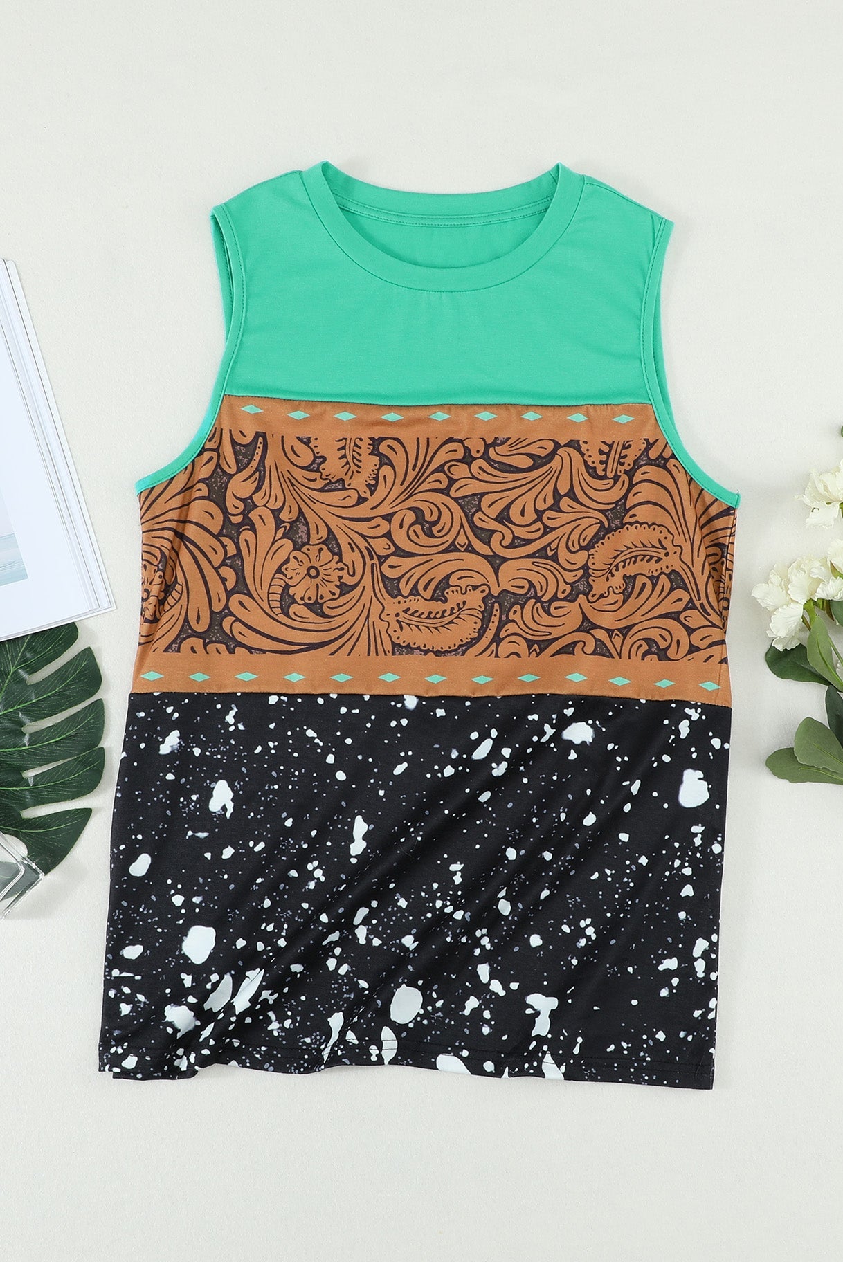 Tie-dye Buckstitch Color-block T-shirt Tank Top