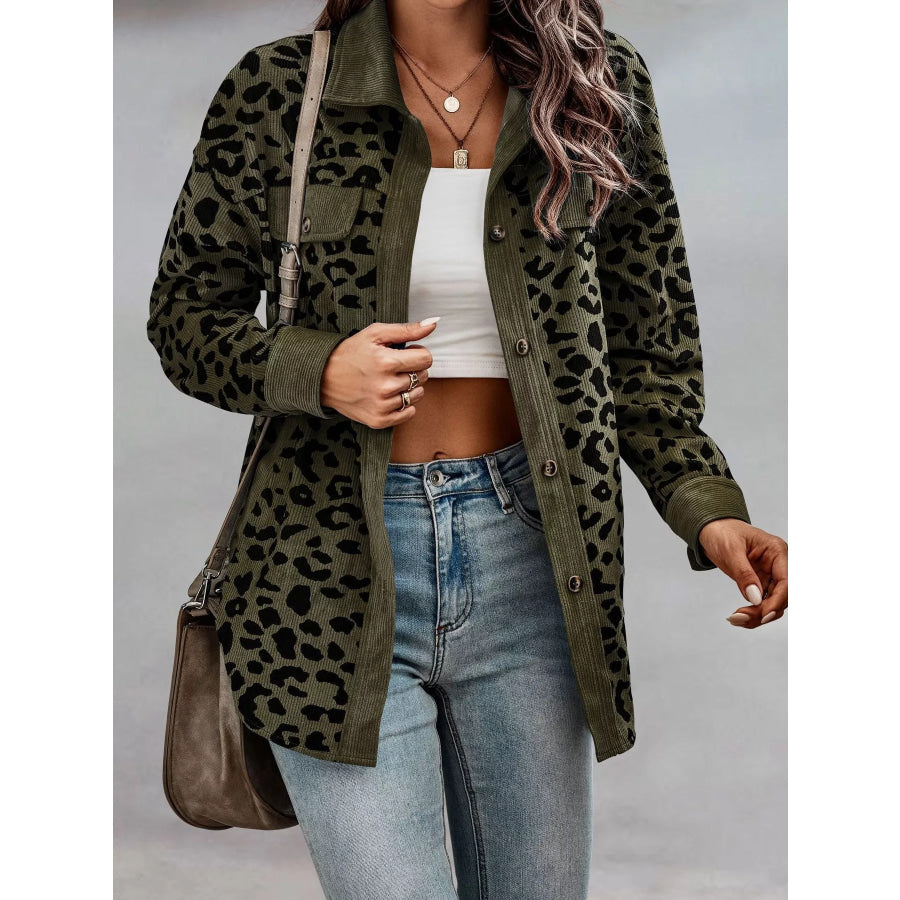 Full Size Leopard Print Button Down Jacket Plus Size
