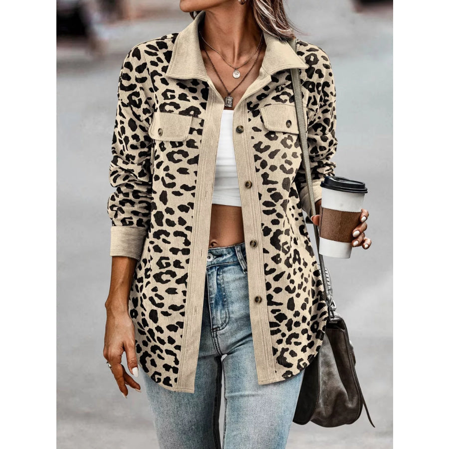 Full Size Leopard Print Button Down Jacket Plus Size