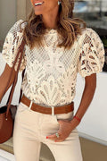 Apricot Crochet Lace Hollowed Puff Sleeve Blouse