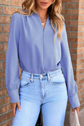 Sky Blue Solid Color V Neck Breezy Long Sleeve Blouse