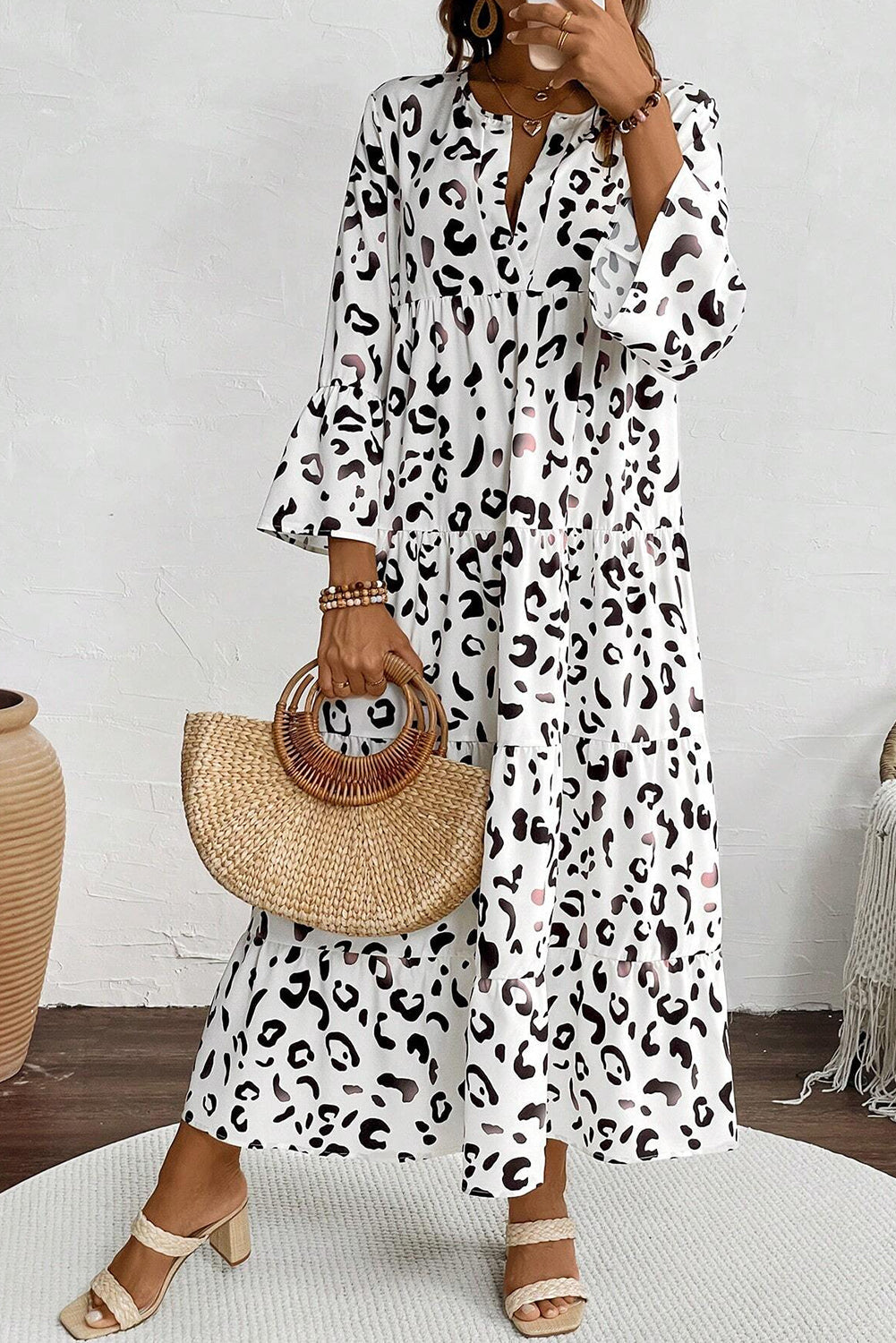 Leopard Print Notch V Neck Loose Fit Maxi Dress