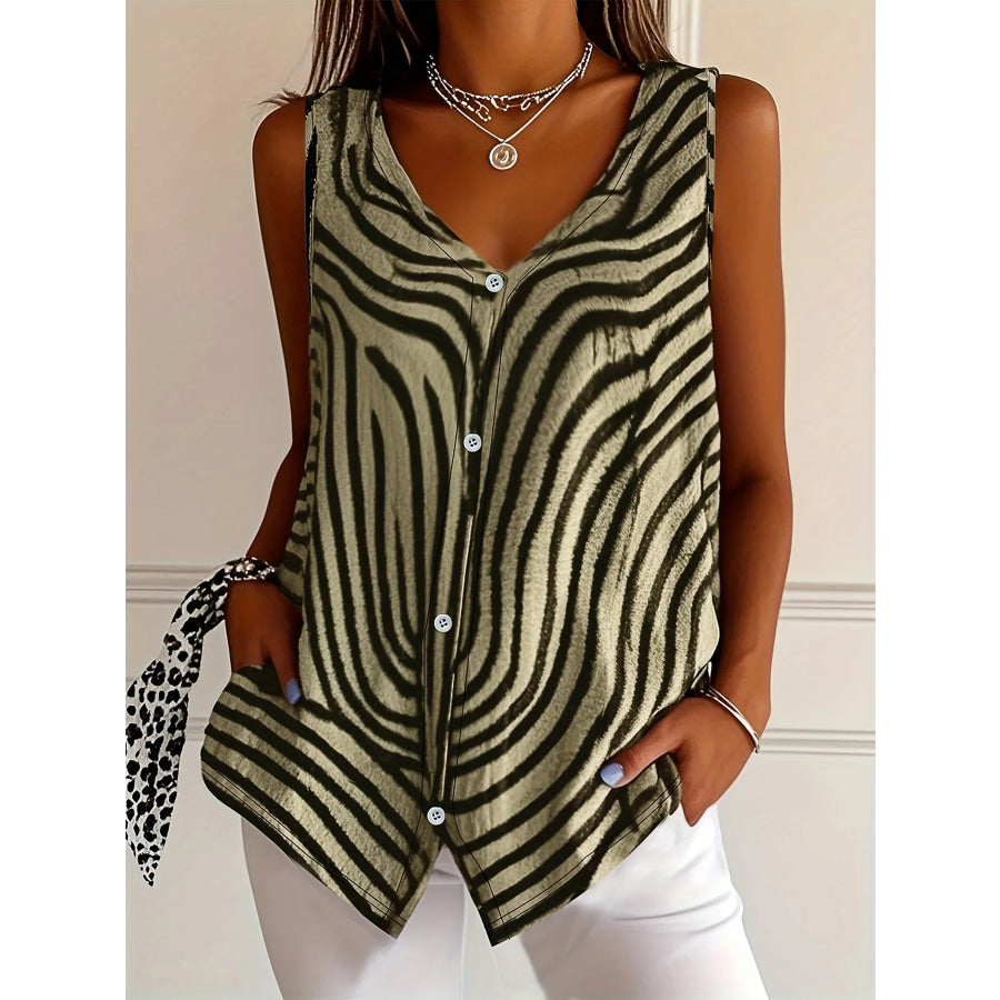 Sleeveless Zebra Button Up Tank Top