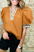 Buckskin Contrast Leopard Trim Split Neck Puff Sleeve Blouse