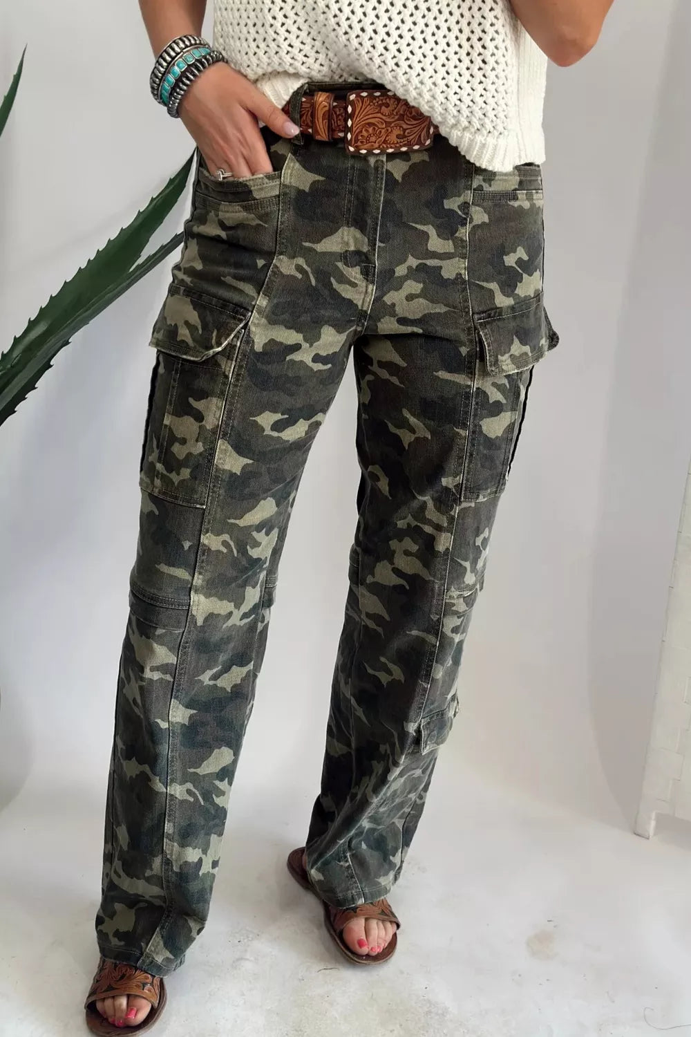 Camouflage Print Pocketed Womens Denim Pants
