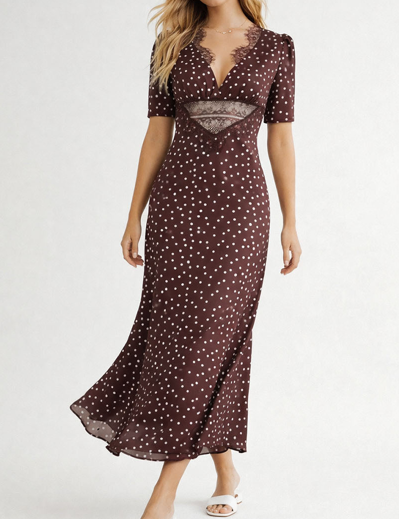 Chic Polka Dot Lace Trim V Neck Short Sleeves Maxi Dress