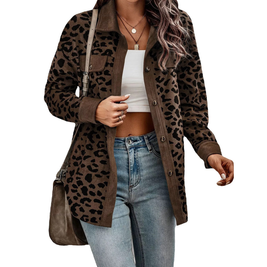 Full Size Leopard Print Button Down Jacket Plus Size
