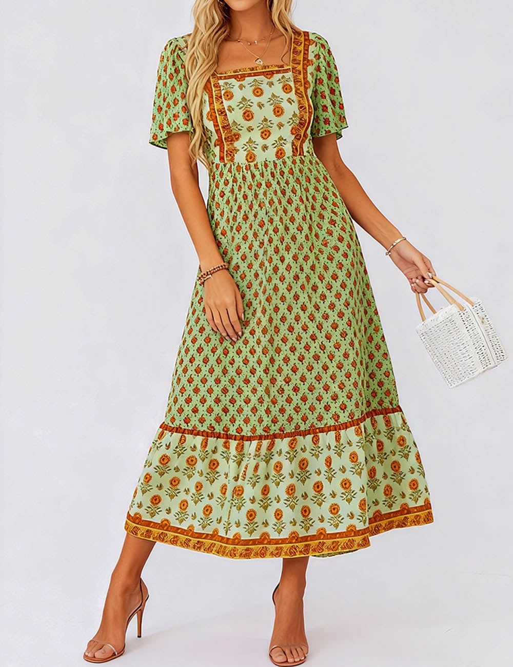 Boho Square Neck Short Sleeves Maxi Dress