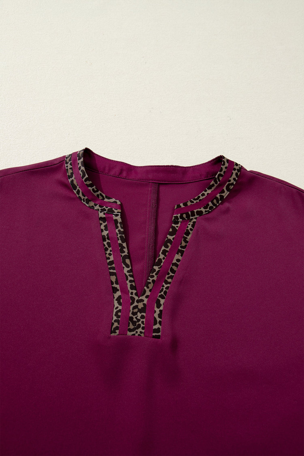Red Dahlia Contrast Leopard Trim V Neck Short Sleeve Blouse