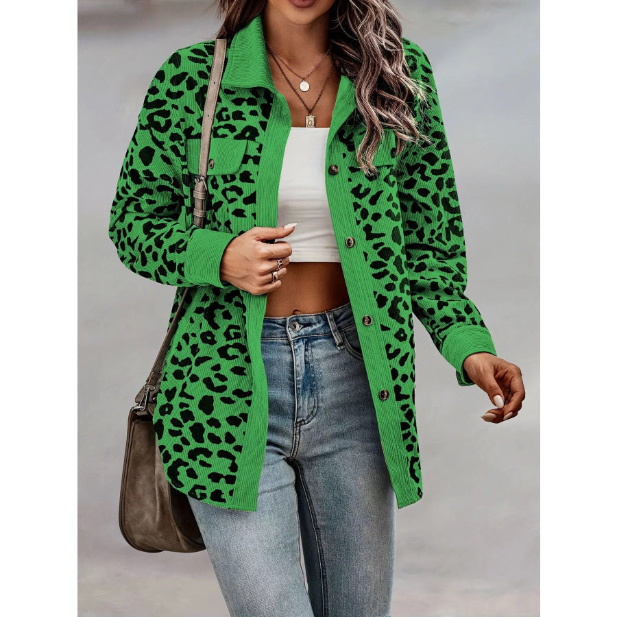 Full Size Leopard Print Button Down Jacket Plus Size