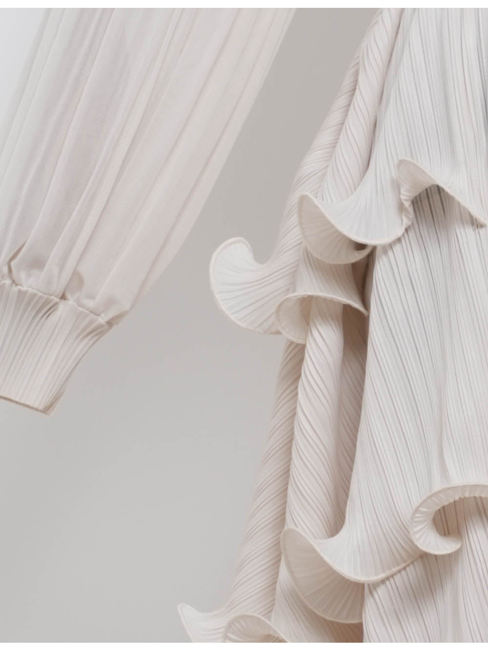 Pleated Ruffle Trim Lantern Sleeves Belted Maxi Dress