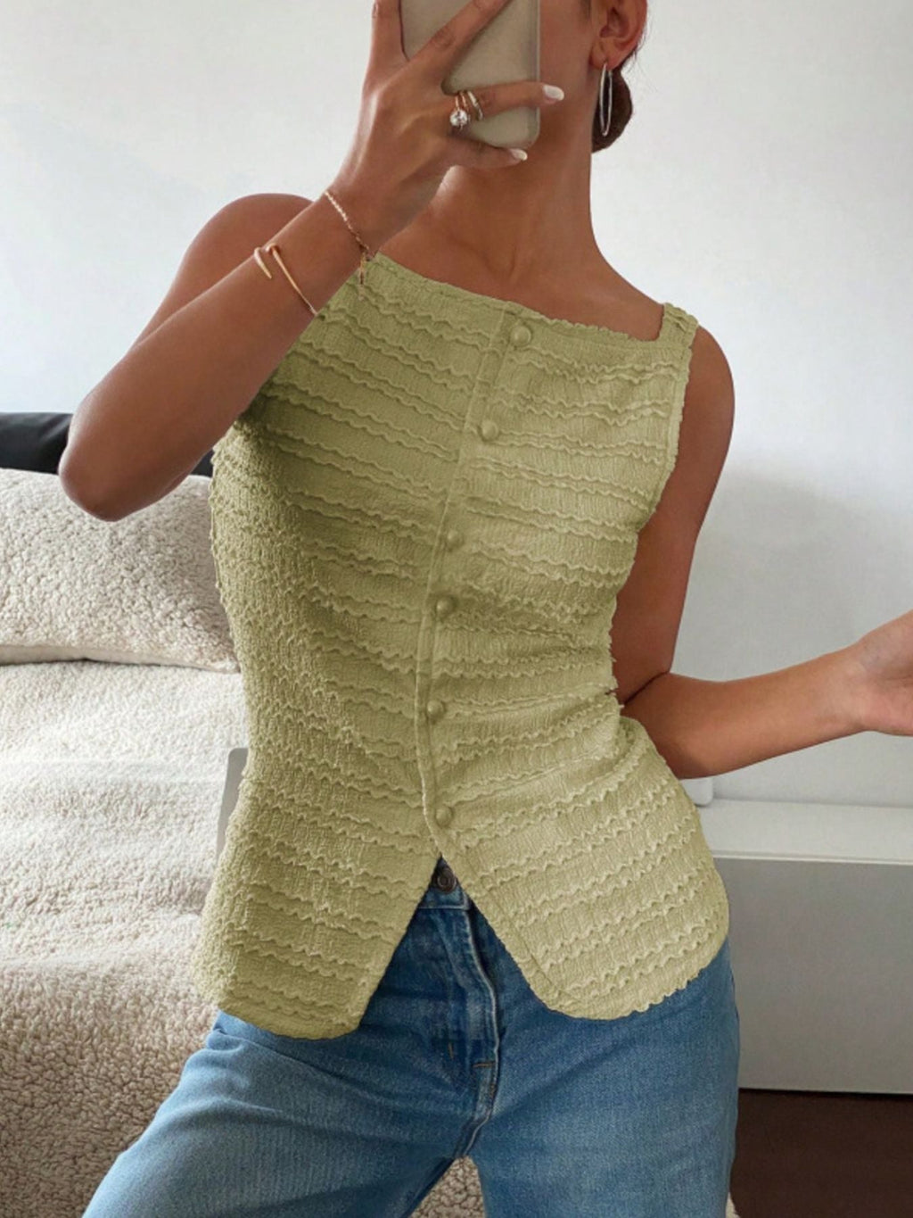 Textured Button Front Tank