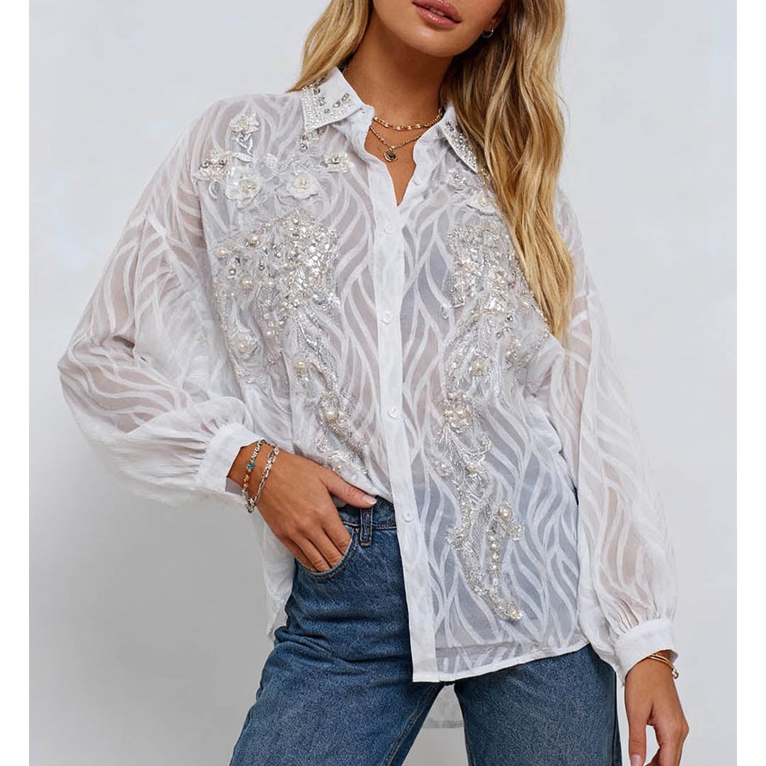 Chic Bead Shirt Collar Lantern Sleeves Jacquard Blouse