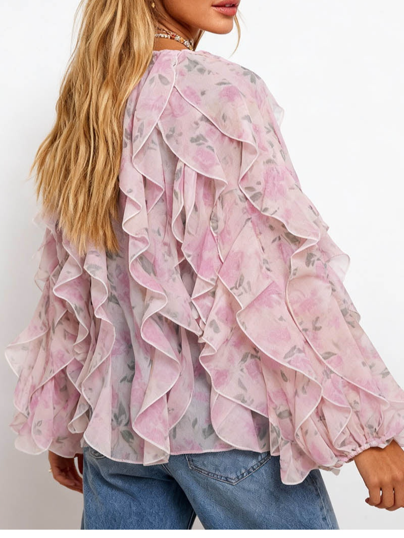 Boho Neck Tiered Ruffle Blouse