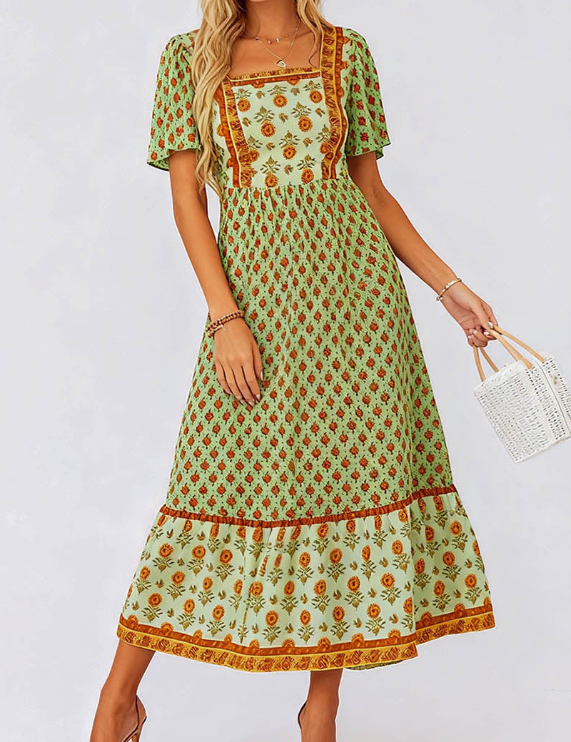 Boho Square Neck Short Sleeves Maxi Dress