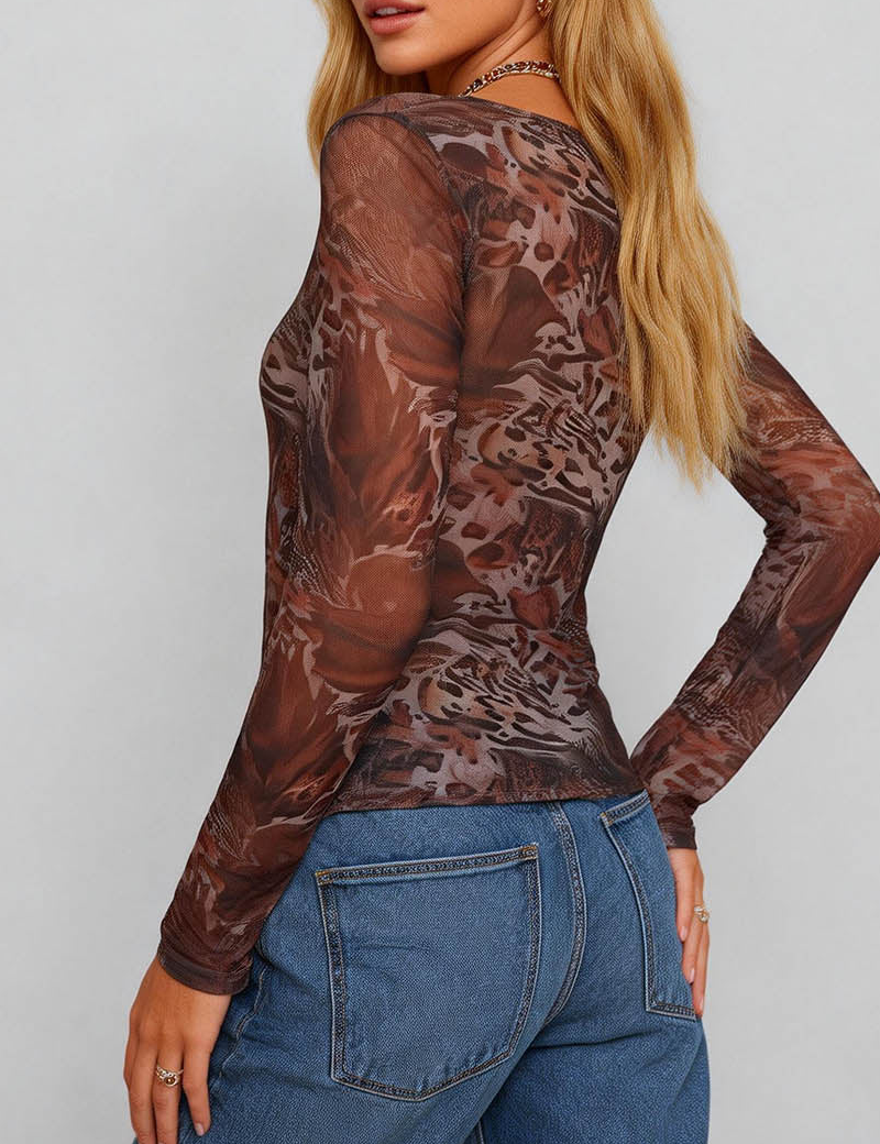 Round Neck Long Sleeves Mesh Top